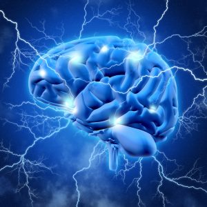 Blaues Bild eines Gehirns, in welchem die Elektroimpulse der Nervenreizweiterleitung ersichtlich ist.